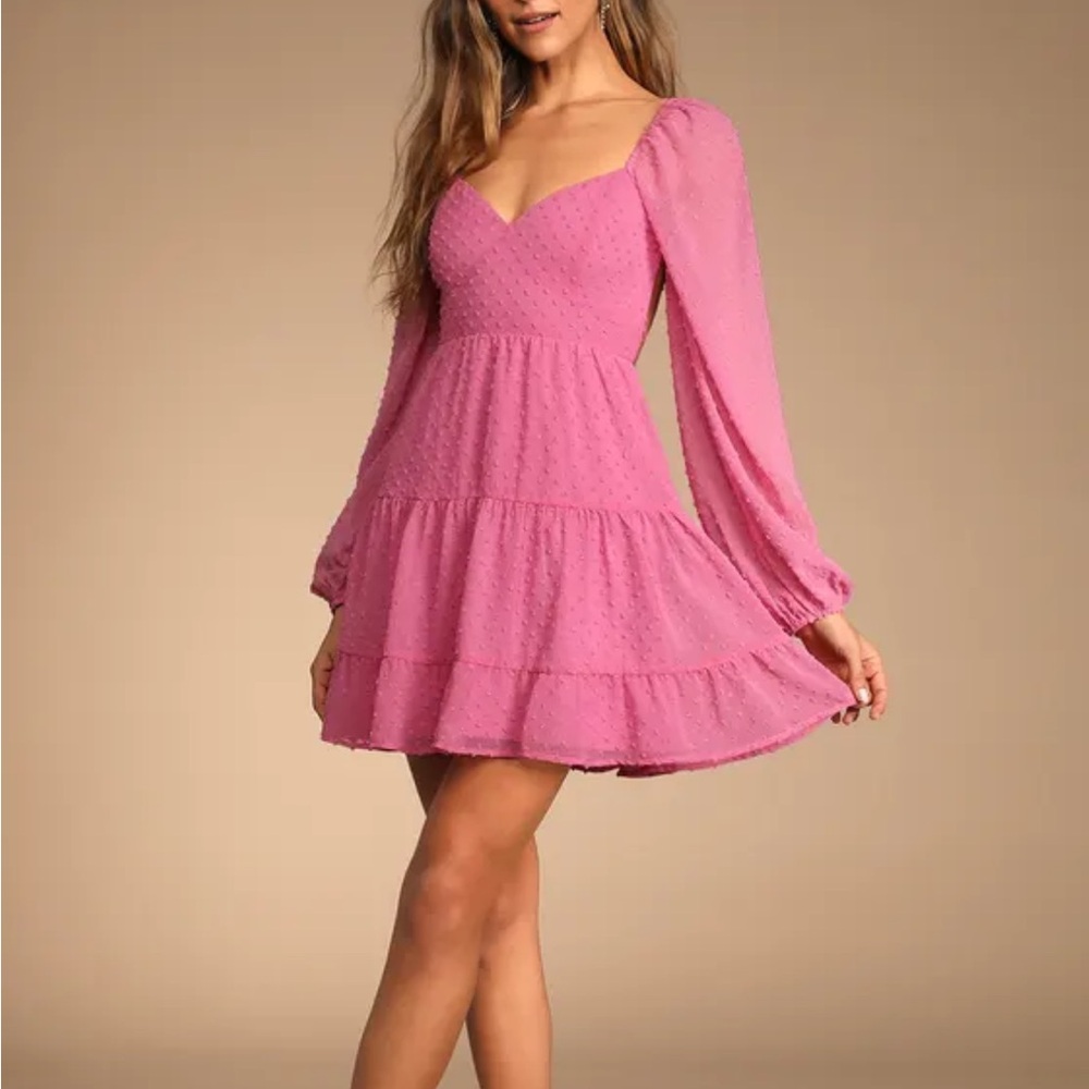 Longing And Love Pink Swiss Dot Puff Long Sleeve Mini Dress (NWT - size L)